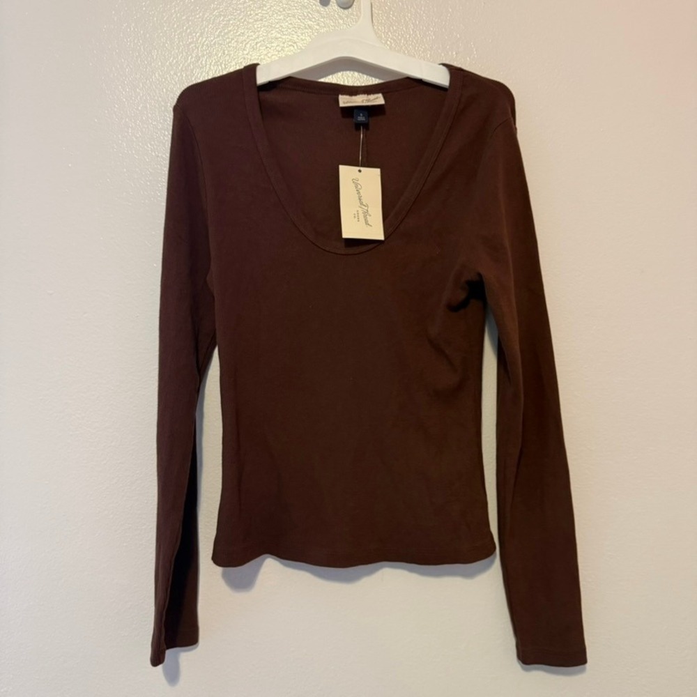 Universal Thread Womens Ribbed Scoop Neck Long Sleeve Top Brown S NWT